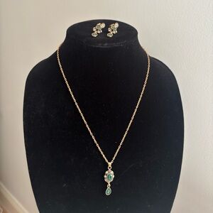 Gold-Tone Green Stone Pendant Necklace and Earring Set